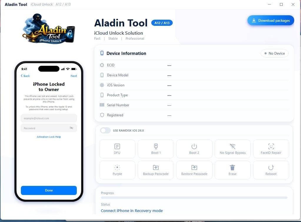 Aladin Tool  A12-A13 CPU (Hello  Passcode) Windows Tool iOS 26.6xx Support